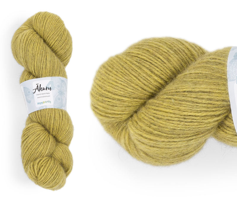 Āhuru. Hand-dyed yarn, 80% merino / 20% possum. Colourway: Custard Apple. Available in 4ply and 8ply. A wonderful yarn spun here in NZ – merino blended with possum. It's a very soft yarn with a stunning halo. Wollenspun. Beautiful for stranded and fair isle knitting. Suitable for garments, hats, scarves, mittens, and big, cosy shawls.