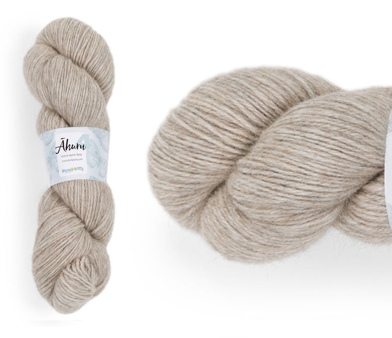 Āhuru. Hand-dyed yarn, 80% merino / 20% possum. Colourway: Driftwood. Available in 4ply and 8ply. A wonderful yarn spun here in NZ – merino blended with possum. It's a very soft yarn with a stunning halo. Wollenspun. Beautiful for stranded and fair isle knitting. Suitable for garments, hats, scarves, mittens, and big, cosy shawls.
