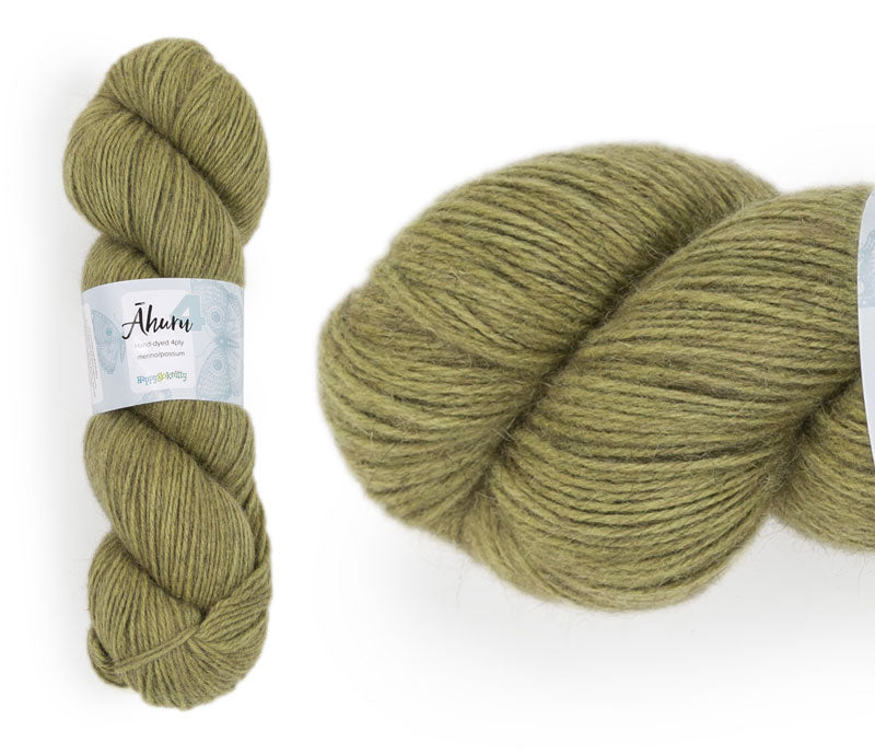 Āhuru. Hand-dyed yarn, 80% merino / 20% possum. Colourway: Green Olives. Available in 4ply and 8ply. A wonderful yarn spun here in NZ – merino blended with possum. It's a very soft yarn with a stunning halo. Wollenspun. Beautiful for stranded and fair isle knitting. Suitable for garments, hats, scarves, mittens, and big, cosy shawls.