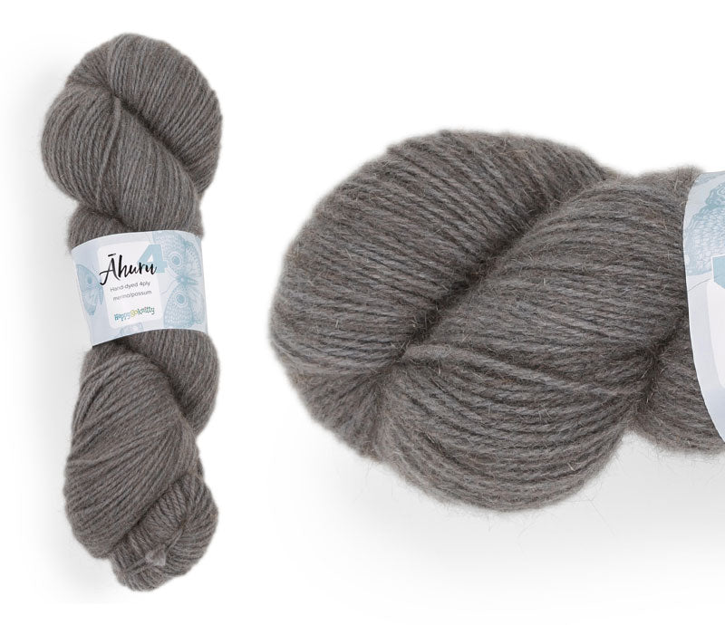 Āhuru. Hand-dyed yarn, 80% merino / 20% possum. Colourway: In the Shadow. Available in 4ply and 8ply. A wonderful yarn spun here in NZ – merino blended with possum. It's a very soft yarn with a stunning halo. Wollenspun. Beautiful for stranded and fair isle knitting. Suitable for garments, hats, scarves, mittens, and big, cosy shawls.