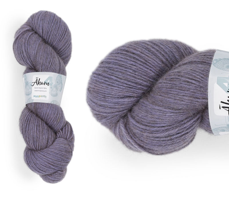 Āhuru. Hand-dyed yarn, 80% merino / 20% possum. Colourway: Jacaranda. Available in 4ply and 8ply. A wonderful yarn spun here in NZ – merino blended with possum. It's a very soft yarn with a stunning halo. Wollenspun. Beautiful for stranded and fair isle knitting. Suitable for garments, hats, scarves, mittens, and big, cosy shawls.