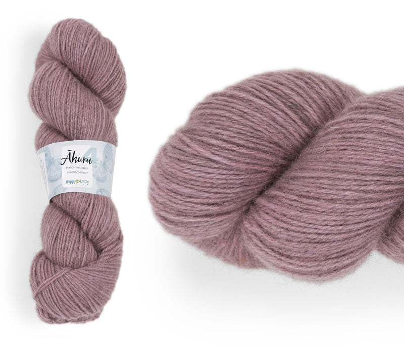 Āhuru. Hand-dyed yarn, 80% merino / 20% possum. Colourway: Mysterious Mauve. Available in 4ply and 8ply. A wonderful yarn spun here in NZ – merino blended with possum. It's a very soft yarn with a stunning halo. Wollenspun. Beautiful for stranded and fair isle knitting. Suitable for garments, hats, scarves, mittens, and big, cosy shawls.
