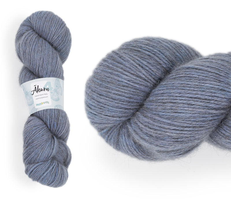 Āhuru. Hand-dyed yarn, 80% merino / 20% possum. Colourway: Periwinkle. Available in 4ply and 8ply. A wonderful yarn spun here in NZ – merino blended with possum. It's a very soft yarn with a stunning halo. Wollenspun. Beautiful for stranded and fair isle knitting. Suitable for garments, hats, scarves, mittens, and big, cosy shawls.