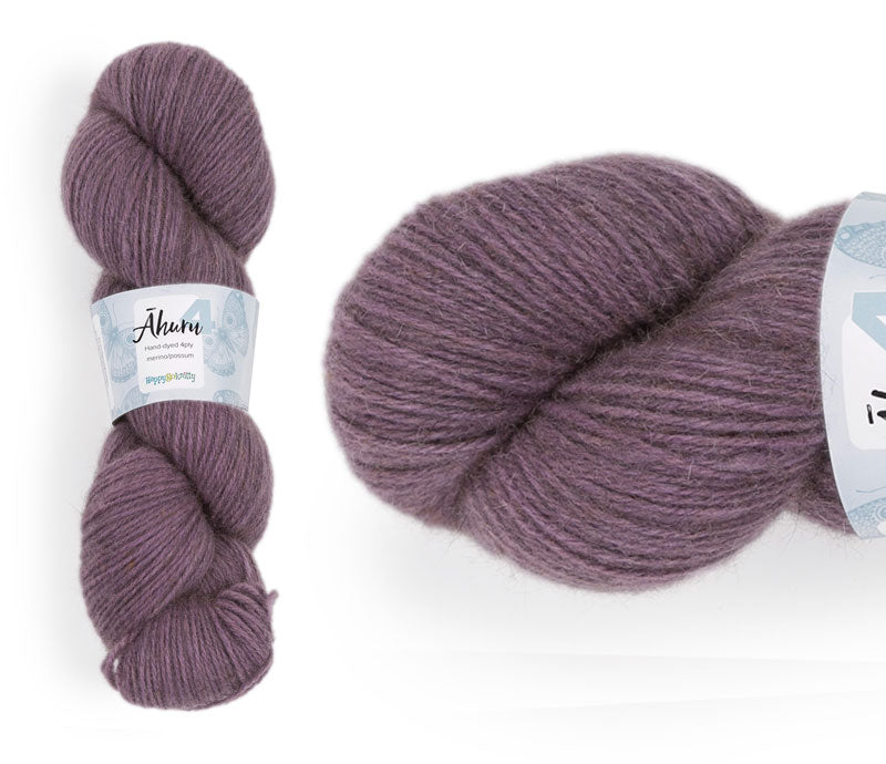 Āhuru. Hand-dyed yarn, 80% merino / 20% possum. Colourway: Smashed Blueberries. Available in 4ply and 8ply. A wonderful yarn spun here in NZ – merino blended with possum. It's a very soft yarn with a stunning halo. Wollenspun. Beautiful for stranded and fair isle knitting. Suitable for garments, hats, scarves, mittens, and big, cosy shawls.