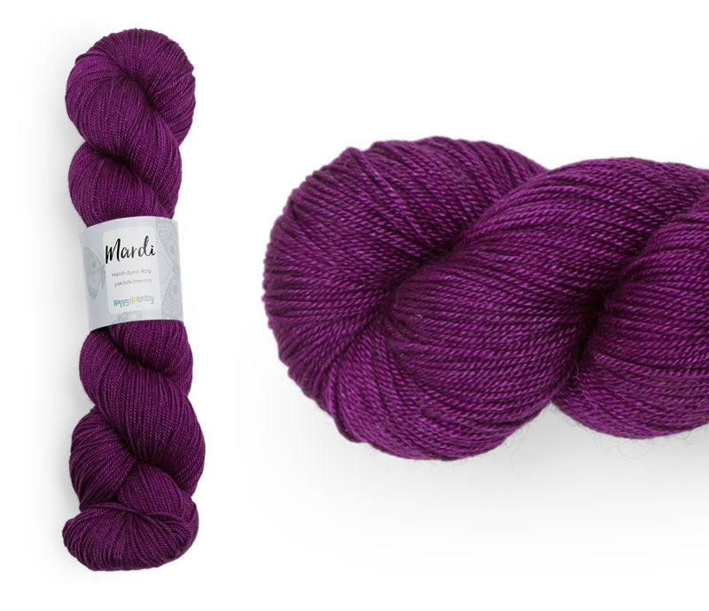 Hand-dyed, 20% yak / 20% silk / 60% superwash merino yarn. Colourway: Beetroot. 4ply, 100g skeins/approx 365m. A luxurious yarn spun from exotic fibres. This yarn is silky and drapey so it works very well for shawls but can also be used for that special garment.