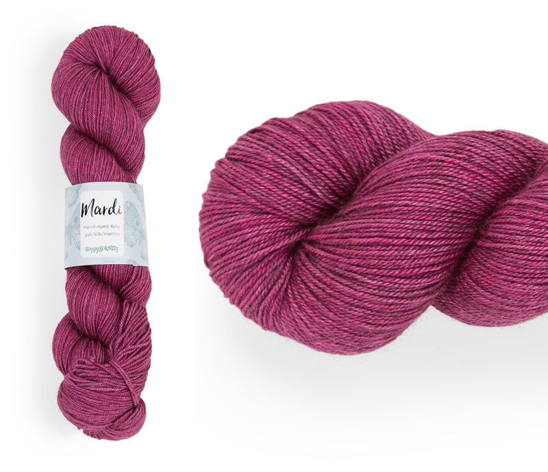 Hand-dyed, 20% yak / 20% silk / 60% superwash merino yarn. Colourway: Bubblegum. 4ply, 100g skeins/approx 365m. A luxurious yarn spun from exotic fibres. This yarn is silky and drapey so it works very well for shawls but can also be used for that special garment.