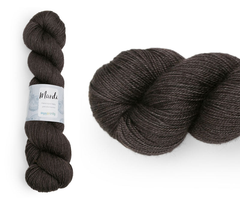 Hand-dyed, 20% yak / 20% silk / 60% superwash merino yarn. Colourway: Coffee. 4ply, 100g skeins/approx 365m. A luxurious yarn spun from exotic fibres. This yarn is silky and drapey so it works very well for shawls but can also be used for that special garment.