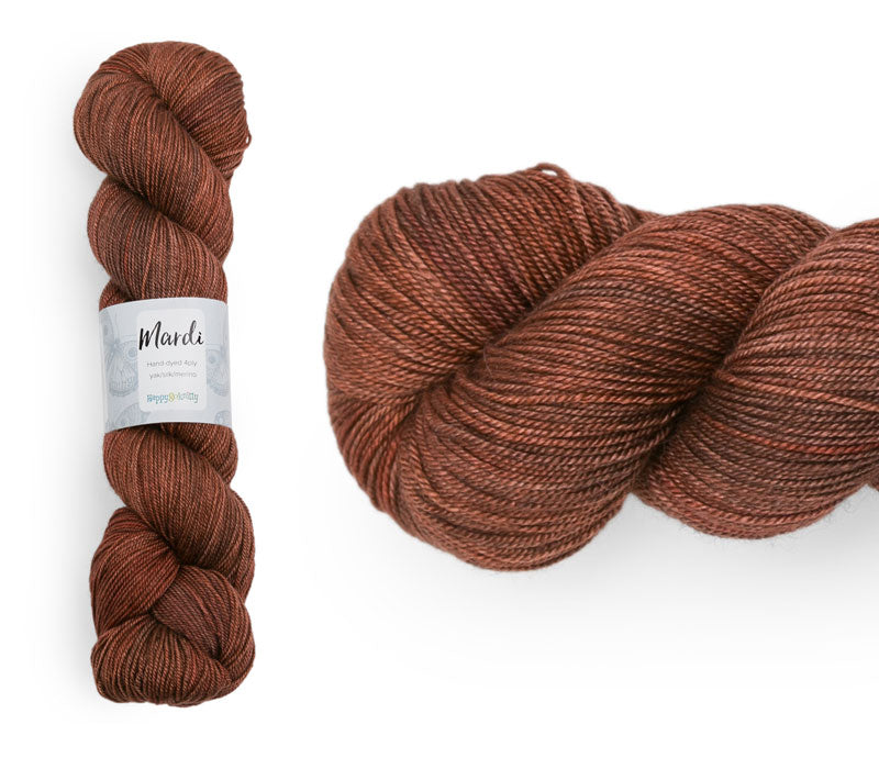 Hand-dyed, 20% yak / 20% silk / 60% superwash merino yarn. Colourway: Copper Pipe. 4ply, 100g skeins/approx 365m. A luxurious yarn spun from exotic fibres. This yarn is silky and drapey so it works very well for shawls but can also be used for that special garment.