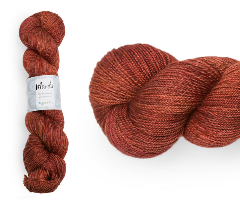 Hand-dyed, 20% yak / 20% silk / 60% superwash merino yarn. Colourway: Inferno. 4ply, 100g skeins/approx 365m. A luxurious yarn spun from exotic fibres. This yarn is silky and drapey so it works very well for shawls but can also be used for that special garment.