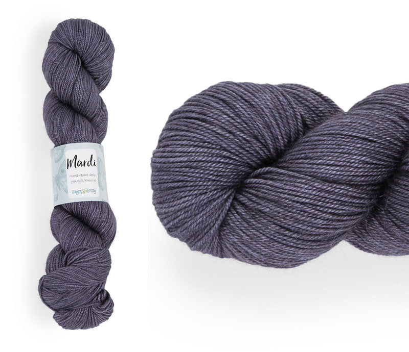 Hand-dyed, 20% yak / 20% silk / 60% superwash merino yarn. Colourway: Lavender Mist. 4ply, 100g skeins/approx 365m. A luxurious yarn spun from exotic fibres. This yarn is silky and drapey so it works very well for shawls but can also be used for that special garment.
