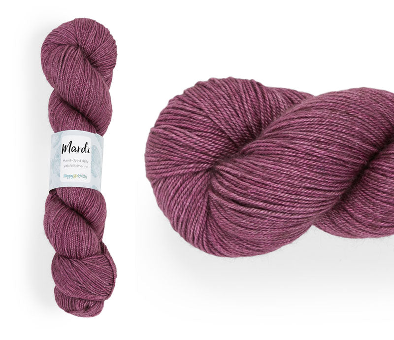 Hand-dyed, 20% yak / 20% silk / 60% superwash merino yarn. Colourway: Magnolia Tree. 4ply, 100g skeins/approx 365m. A luxurious yarn spun from exotic fibres. This yarn is silky and drapey so it works very well for shawls but can also be used for that special garment.
