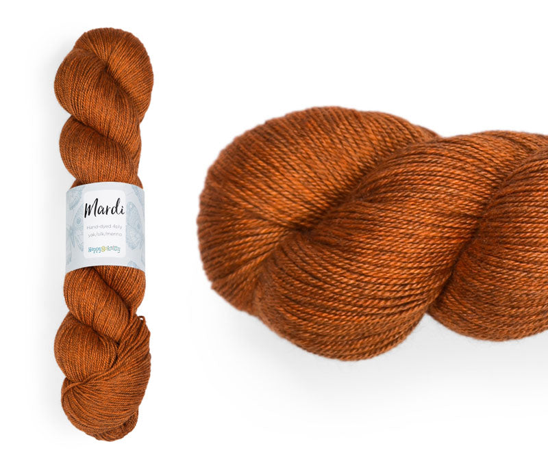 Hand-dyed, 20% yak / 20% silk / 60% superwash merino yarn. Colourway: Roast Pumpkin. 4ply, 100g skeins/approx 365m. A luxurious yarn spun from exotic fibres. This yarn is silky and drapey so it works very well for shawls but can also be used for that special garment.