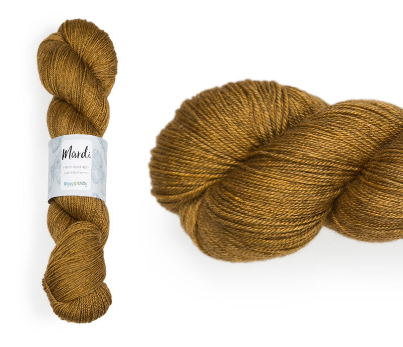 Hand-dyed, 20% yak / 20% silk / 60% superwash merino yarn. Colourway: Toffee. 4ply, 100g skeins/approx 365m. A luxurious yarn spun from exotic fibres. This yarn is silky and drapey so it works very well for shawls but can also be used for that special garment.