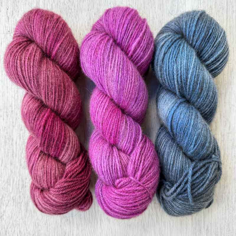 Āhuru merino/possum yarn – Love Heart, Fuchsia Blossom and Double Denim