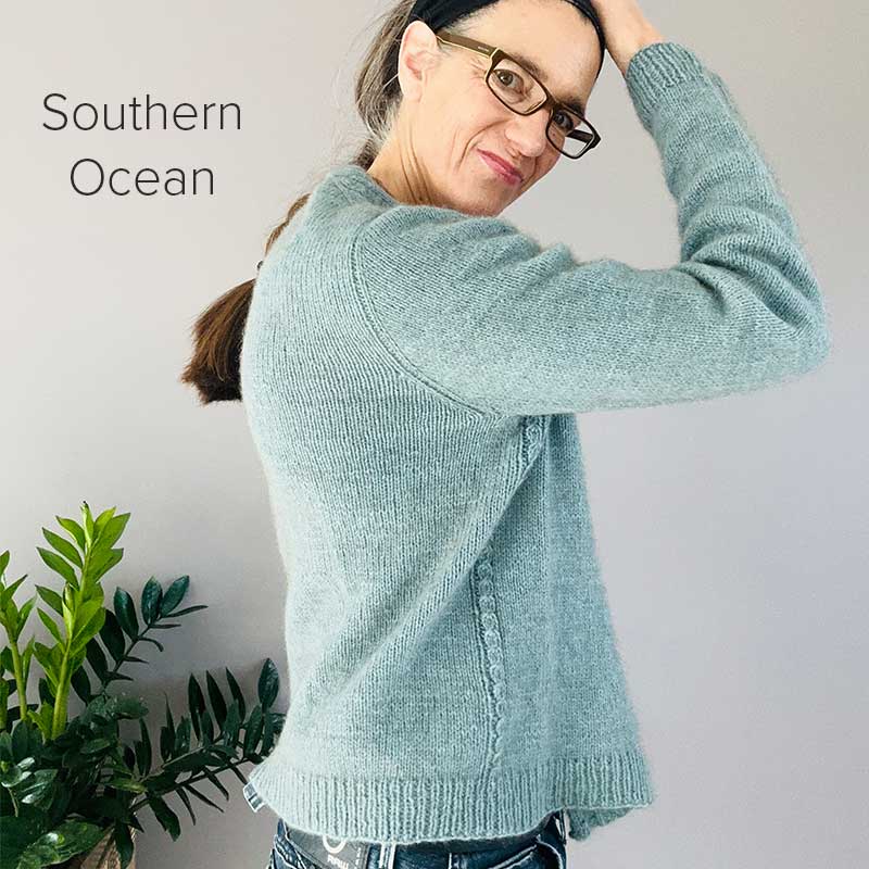 Kit for Mabel, designed by Isabell Kraemer. Yarn – Āhuru, NZ spun 4ply blend of 80% merino / 20% possum. Here in colourway Southern Ocean.