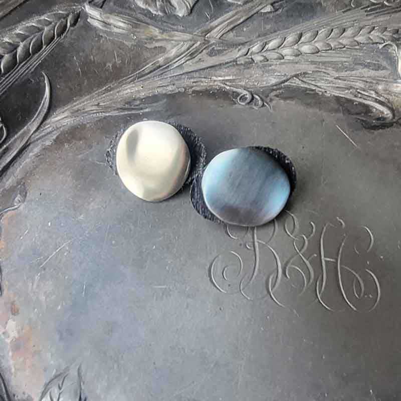 Midcentury Modern Circle Stud Pedestal Button by JUL Designs White brass with leather backing Available in white brass and blacked white brass Ornament size - 25mm (1") Shaft length - 9.5mm (3/8") Leather backing - 22mm (7/8")