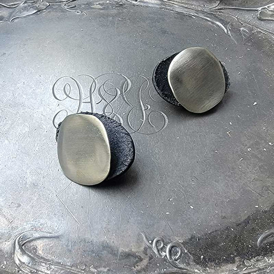 Midcentury Modern Circle Stud Pedestal Button by JUL Designs  White brass with leather backing  Available in white brass and blacked white brass  Ornament size - 25mm (1") Shaft length - 9.5mm (3/8") Leather backing - 22mm (7/8")