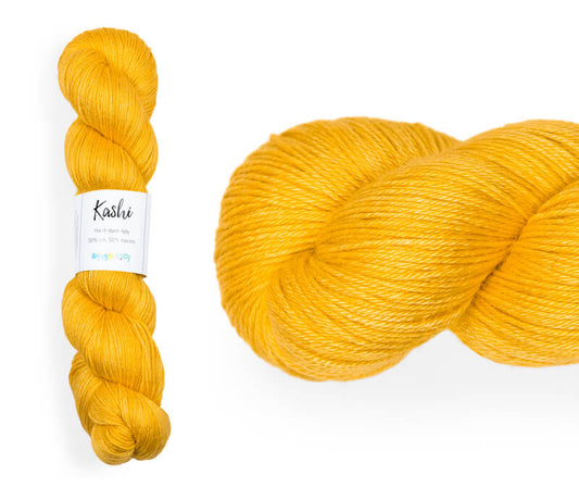 Hand-dyed, 50% silk / 50% superwash merino yarn. Colourway: English Mustard. 4ply. Smooth and soft with a stunning silk sheen. This yarn knits up beautifully for shawls and wraps. It can also be used for garments, scarves, hats, baby clothes, or other 4ply knitting. 