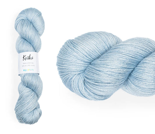 Hand-dyed, 50% silk / 50% superwash merino yarn. Colourway: Silver Dollar Tree. 4ply. Smooth and soft with a stunning silk sheen. This yarn knits up beautifully for shawls and wraps. It can also be used for garments, scarves, hats, baby clothes, or other 4ply knitting. 