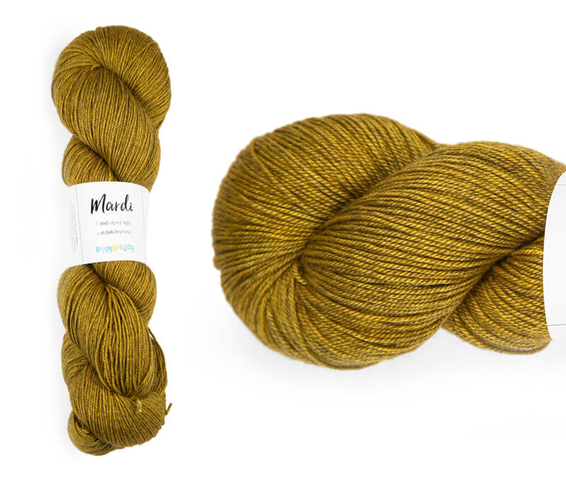 Hand-dyed, 20% yak, 20% silk, 60% superwash merino yarn. Colourway: English Mustard. 4ply, 100g skeins/approx 365m. A luxurious yarn spun from exotic fibres. This yarn is silky and drapey so it works very well for shawls but can also be used for that special garment.