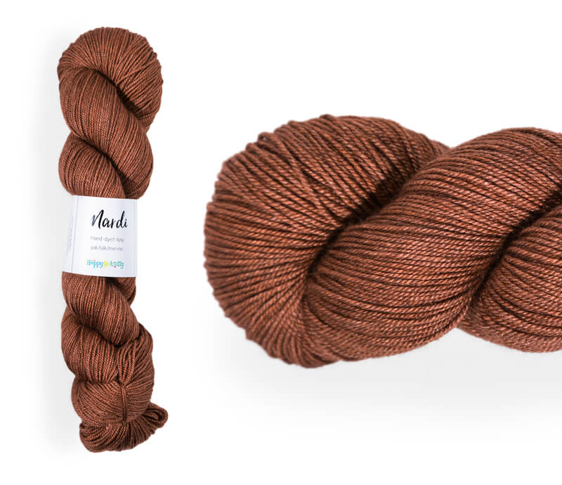 Hand-dyed, 20% yak / 20% silk / 60% superwash merino yarn. Colourway: Gingerbread Man. 4ply, 100g skeins/approx 365m. A luxurious yarn spun from exotic fibres. This yarn is silky and drapey so it works very well for shawls but can also be used for that special garment. 