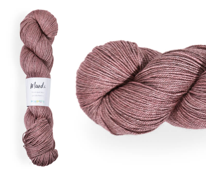 Hand-dyed, 20% yak / 20% silk / 60% superwash merino yarn. Colourway: Rosy Cheeks. 4ply, 100g skeins/approx 365m. A luxurious yarn spun from exotic fibres. This yarn is silky and drapey so it works very well for shawls but can also be used for that special garment.