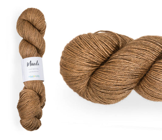 Hand-dyed, 20% yak / 20% silk / 60% superwash merino yarn. Colourway: Time to Harvest. 4ply, 100g skeins/approx 365m. A luxurious yarn spun from exotic fibres. This yarn is silky and drapey so it works very well for shawls but can also be used for that special garment. 