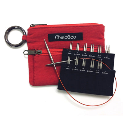 Make 23 cm (9") through 36 cm (14") circulars with the TWIST Shorties! The set includes 12 pairs of 5 cm and 8 cm solid, surgical stainless steel tips 2 mm-3.25 mm in a secure tip sleeve, 3 MINI diameter red cables, end stoppers, tightening keys, connectors, stitch markers & a mini needle gauge in a nylon fabric pouch.