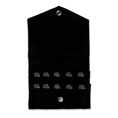 This tip sleeve will hold 10 sets of Shorties 5 and 8cm (2" and 3") interchangeable tips. Available for sizes 2 mm - 3.25 mm and 3.5 mm - 5 mm. Each pocket is labeled and the snap closure securely keeps the tips in place. Buy at Happy-go-knitty!