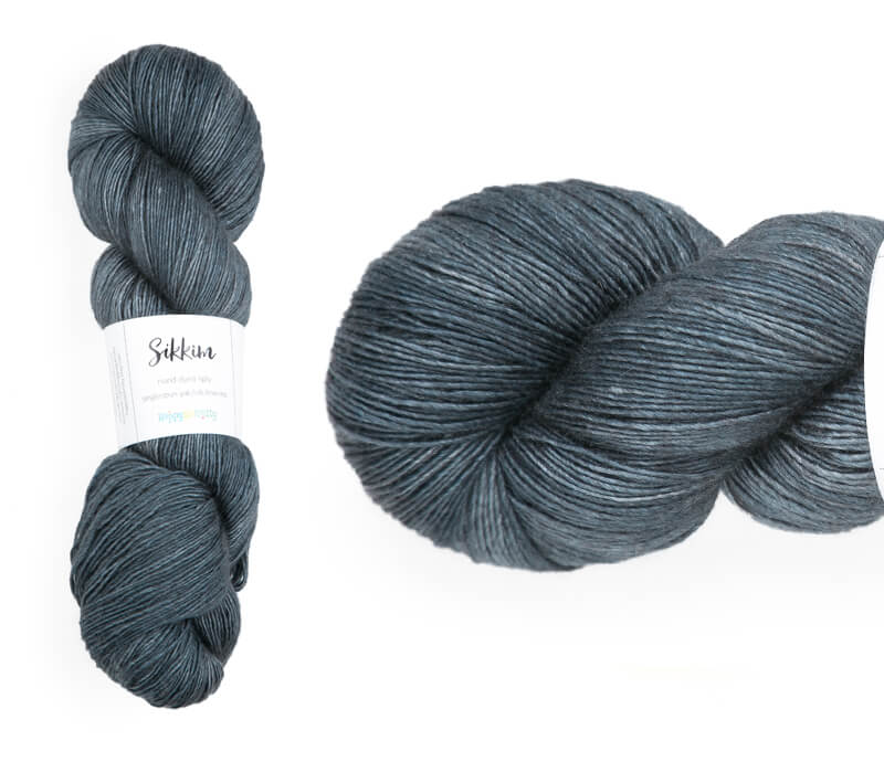 Hand-dyed single spun 15% yak / 20% silk / 65% superwash merino yarn. Colourway: Clouds of Thunder. 4ply. The yak fibre is clearly visible, giving it a slightly heathered look. Very soft and drapes beautifully, so suitable for shawls. It can of course also be used for scarves, hats, baby clothes, or other 4ply knitting.