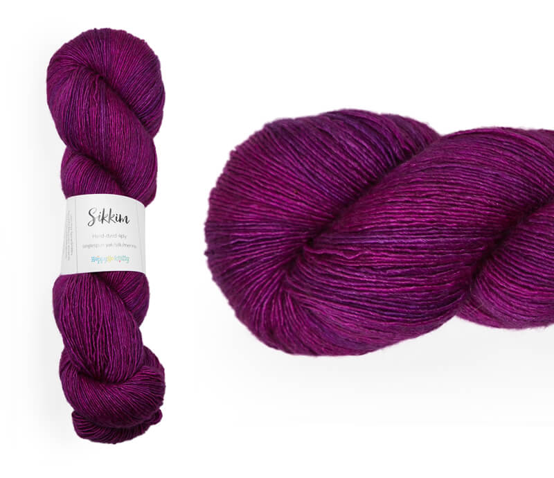 Hand-dyed single spun 15% yak / 20% silk / 65% superwash merino yarn. Colourway: Fuchsia Blossom. 4ply. The yak fibre is clearly visible, giving it a slightly heathered look. Very soft and drapes beautifully, so suitable for shawls. It can of course also be used for scarves, hats, baby clothes, or other 4ply knitting.