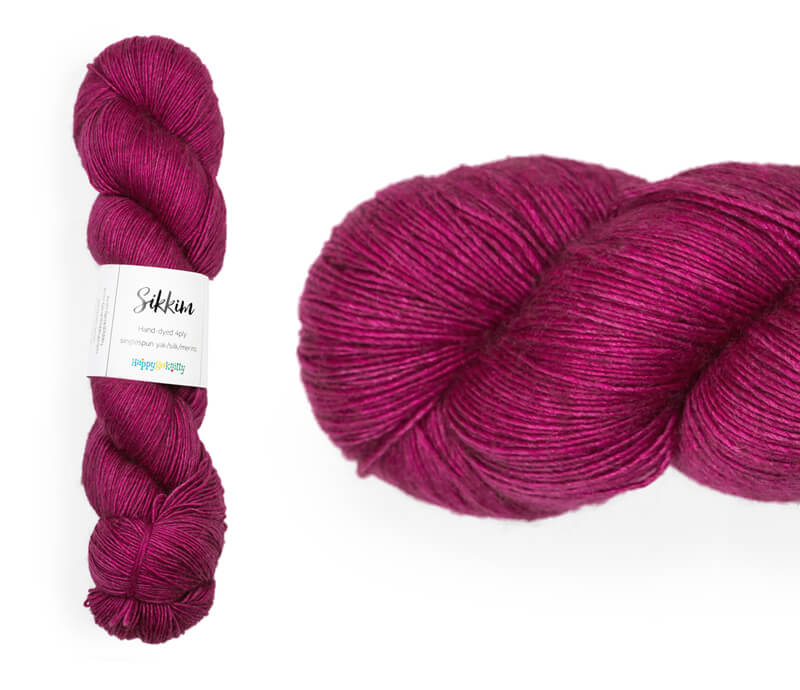 Hand-dyed single spun 15% yak / 20% silk / 65% superwash merino yarn. Colourway: Hot Kisses. 4ply. The yak fibre is clearly visible, giving it a slightly heathered look. Very soft and drapes beautifully, so suitable for shawls. It can of course also be used for scarves, hats, baby clothes, or other 4ply knitting.