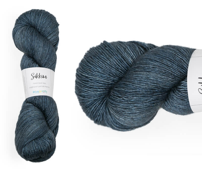 Hand-dyed single spun 15% yak / 20% silk / 65% superwash merino yarn. Colourway: My Favourite Jeans. 4ply. The yak fibre is clearly visible, giving it a slightly heathered look. Very soft and drapes beautifully, so suitable for shawls. It can of course also be used for scarves, hats, baby clothes, or other 4ply knitting.