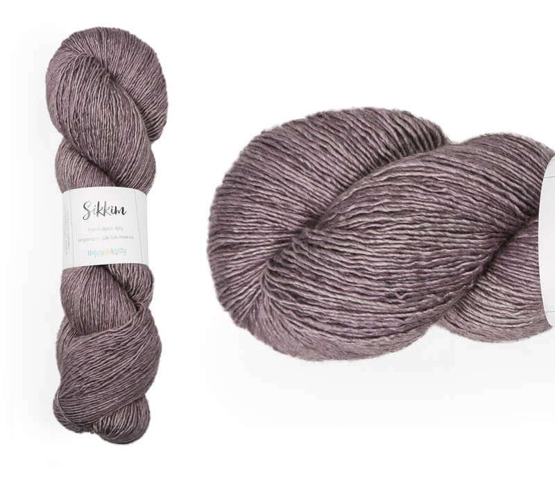 Hand-dyed single spun 15% yak / 20% silk / 65% superwash merino yarn. Colourway: Mysterious Mauve. 4ply. The yak fibre is clearly visible, giving it a slightly heathered look. Very soft and drapes beautifully, so suitable for shawls. It can of course also be used for scarves, hats, baby clothes, or other 4ply knitting.