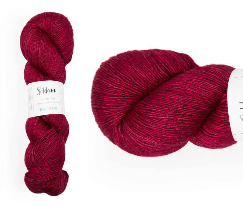 Hand-dyed single spun 15% yak / 20% silk / 65% superwash merino yarn. Colourway: Pohutukawa. 4ply. The yak fibre is clearly visible, giving it a slightly heathered look. Very soft and drapes beautifully, so suitable for shawls. It can of course also be used for scarves, hats, baby clothes, or other 4ply knitting.