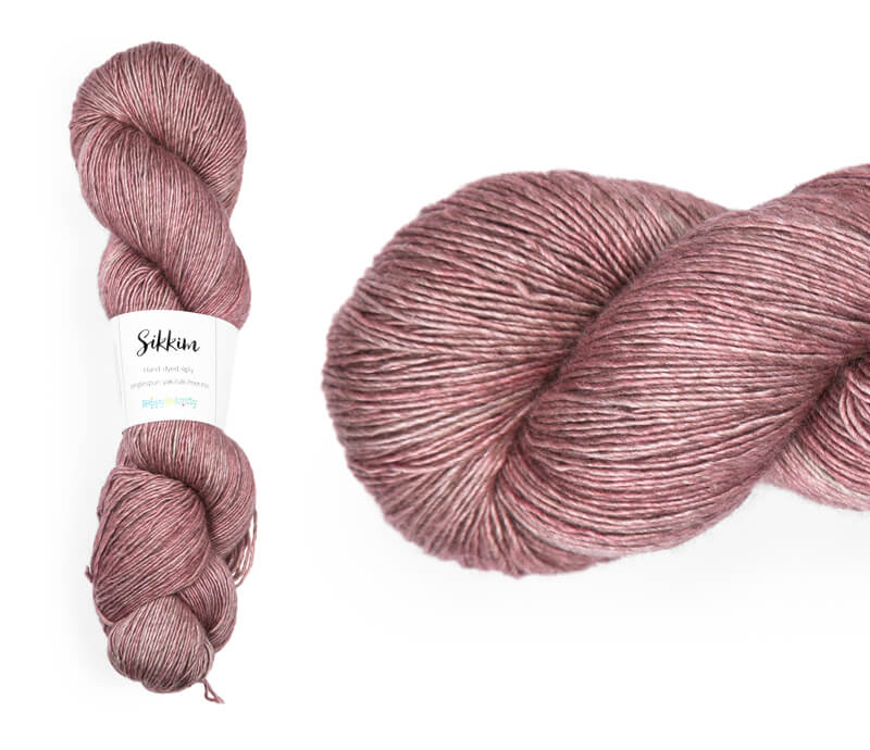 Hand-dyed single spun 15% yak / 20% silk / 65% superwash merino yarn. Colourway: Rosy Cheeks. 4ply. The yak fibre is clearly visible, giving it a slightly heathered look. Very soft and drapes beautifully, so suitable for shawls. It can of course also be used for scarves, hats, baby clothes, or other 4ply knitting.