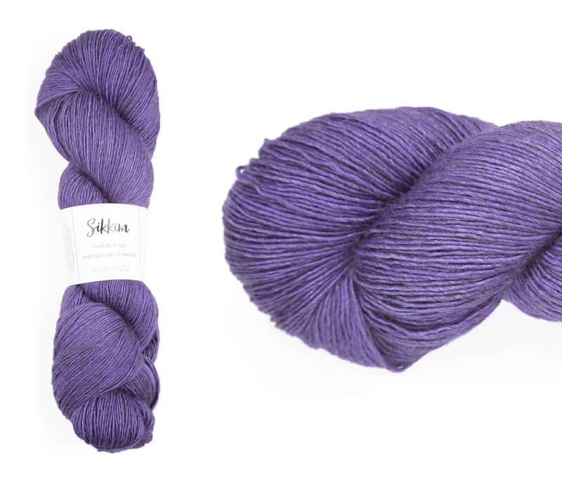 Hand-dyed single spun 15% yak / 20% silk / 65% superwash merino yarn. Colourway: Sweet Purple Thing. 4ply. The yak fibre is clearly visible, giving it a slightly heathered look. Very soft and drapes beautifully, so suitable for shawls. It can of course also be used for scarves, hats, baby clothes, or other 4ply knits.