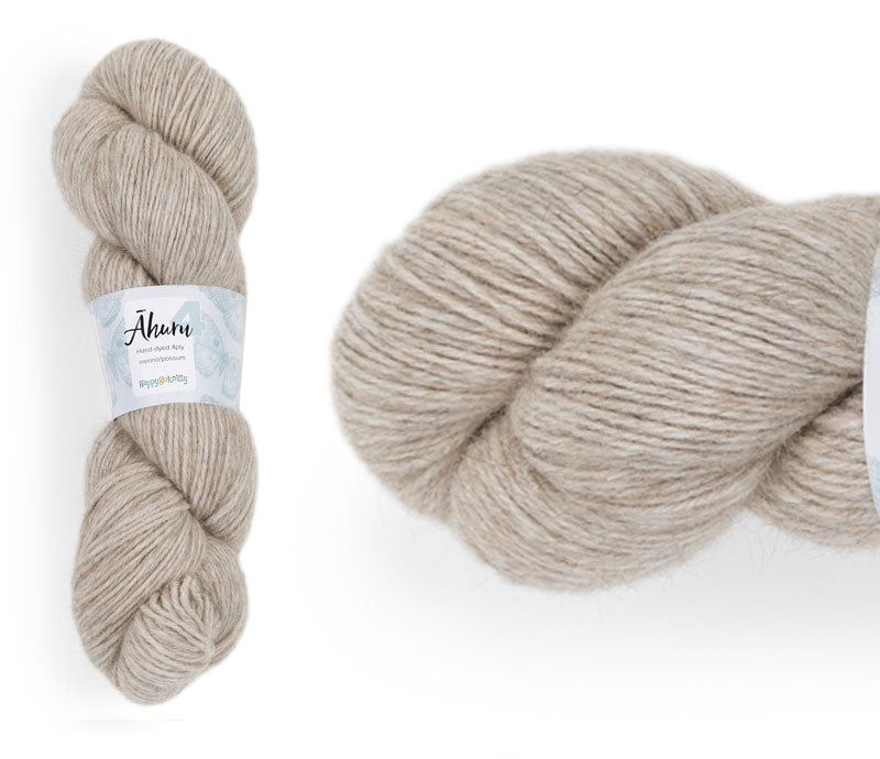 Āhuru. Hand-dyed yarn, 80% merino / 20% possum. Colourway: Driftwood. Available in 4ply and 8ply. A wonderful yarn spun here in NZ – merino blended with possum. It's a very soft yarn with a stunning halo. Wollenspun. Beautiful for stranded and fair isle knitting. Suitable for garments, hats, scarves, mittens, and big, cosy shawls. 
