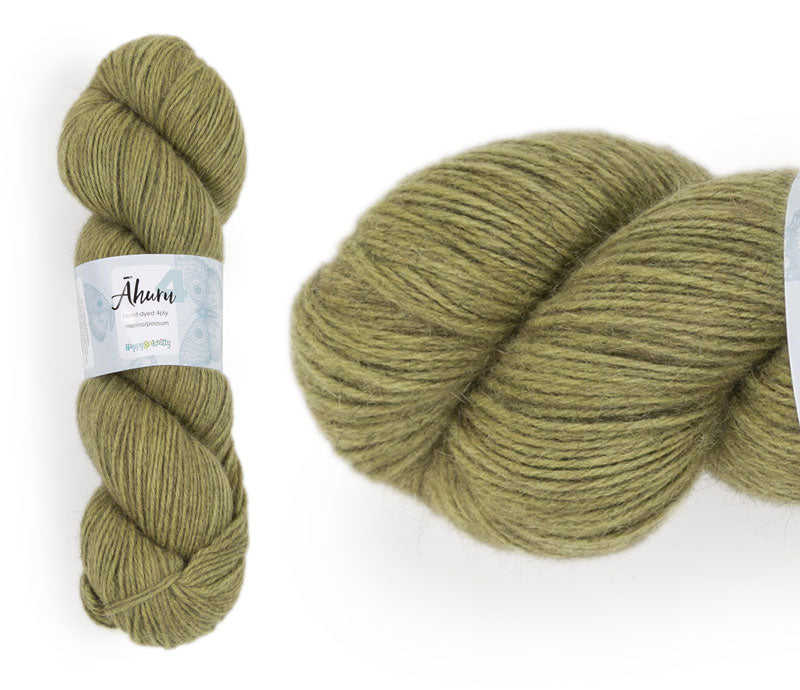 Āhuru. Hand-dyed yarn, 80% merino / 20% possum. Colourway: Green Olives. Available in 4ply and 8ply. A wonderful yarn spun here in NZ – merino blended with possum. It's a very soft yarn with a stunning halo. Wollenspun. Beautiful for stranded and fair isle knitting. Suitable for garments, hats, scarves, mittens, and big, cosy shawls. 