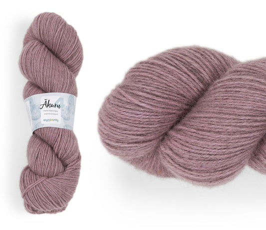 Āhuru. Hand-dyed yarn, 80% merino / 20% possum. Colourway: Mysterious Mauve. Available in 4ply and 8ply. A wonderful yarn spun here in NZ – merino blended with possum. It's a very soft yarn with a stunning halo. Wollenspun. Beautiful for stranded and fair isle knitting. Suitable for garments, hats, scarves, mittens, and big, cosy shawls. 