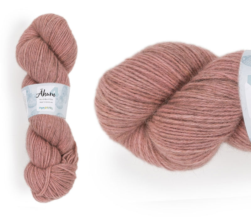 Āhuru. Hand-dyed yarn, 80% merino / 20% possum. Colourway: Rosy Cheeks. Available in 4ply and 8ply. A wonderful yarn spun here in NZ – merino blended with possum. It's a very soft yarn with a stunning halo. Wollenspun. Beautiful for stranded and fair isle knitting. Suitable for garments, hats, scarves, mittens, and big, cosy shawls. 