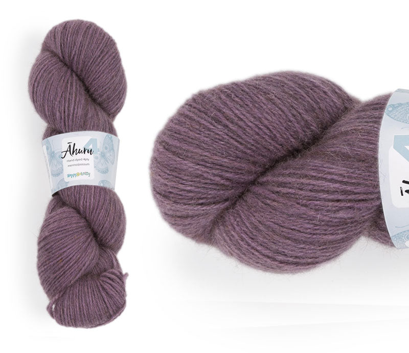 Āhuru. Hand-dyed yarn, 80% merino / 20% possum. Colourway: Smashed Blueberries. Available in 4ply and 8ply. A wonderful yarn spun here in NZ – merino blended with possum. It's a very soft yarn with a stunning halo. Wollenspun. Beautiful for stranded and fair isle knitting. Suitable for garments, hats, scarves, mittens, and big, cosy shawls. 