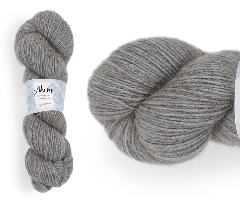 Āhuru. Hand-dyed yarn, 80% merino / 20% possum. Colourway: West Coast Granite. Available in 4ply and 8ply. A wonderful yarn spun here in NZ – merino blended with possum. It's a very soft yarn with a stunning halo. Wollenspun. Beautiful for stranded and fair isle knitting. Suitable for garments, hats, scarves, mittens, and big, cosy shawls. 