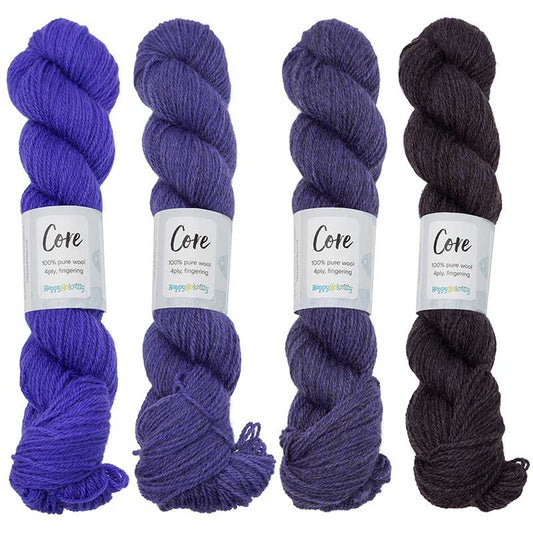 Happy-go-knitty Core, hand dyed 100% naturally coloured pure Corriedale wool, 4ply, 100g. Colourway Iris