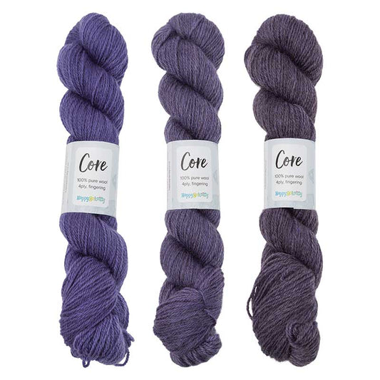 Happy-go-knitty Core, hand dyed 100% naturally coloured pure Corriedale wool, 4ply, 100g. Colourway Jacaranda
