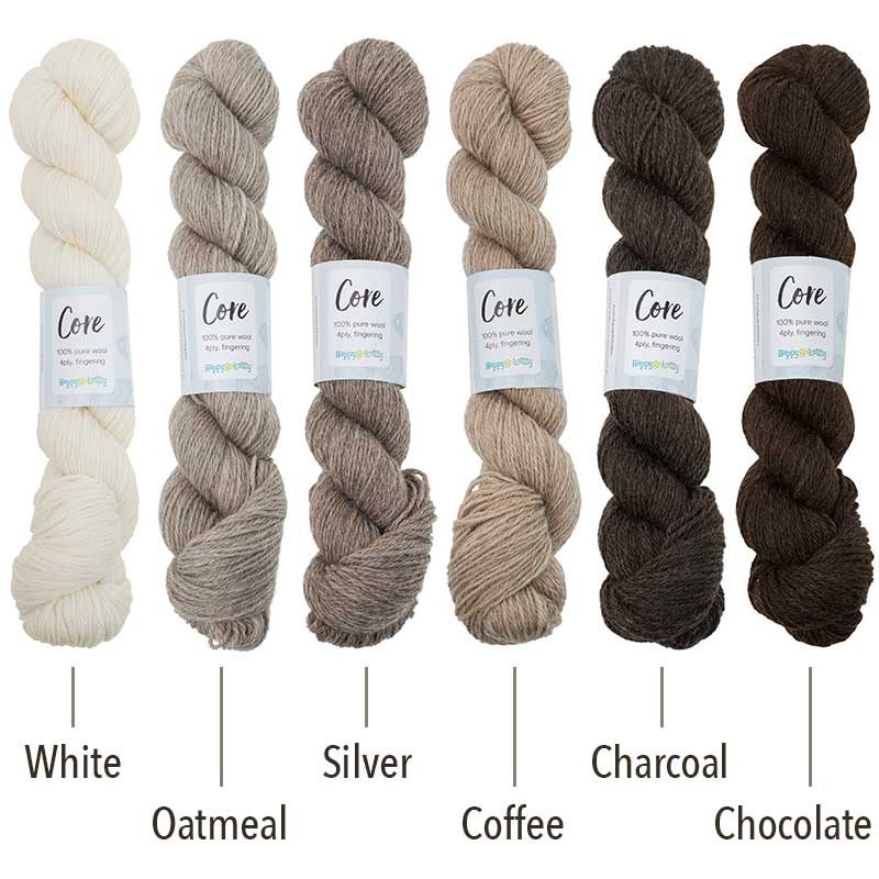 Happy-go-knitty Core, hand dyed 100% naturally coloured pure Corriedale wool, 4ply, 100g. Natural colours: White, Oatmeal, Silver, Coffee, Charcoal and Chocolate