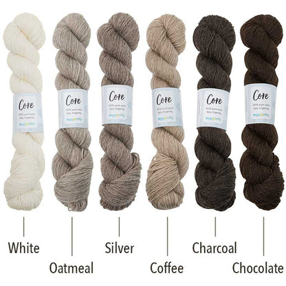 Happy-go-knitty Core, hand dyed 100% naturally coloured pure Corriedale wool, 4ply, 100g. Natural colours: White, Oatmeal, Silver, Coffee, Charcoal and Chocolate