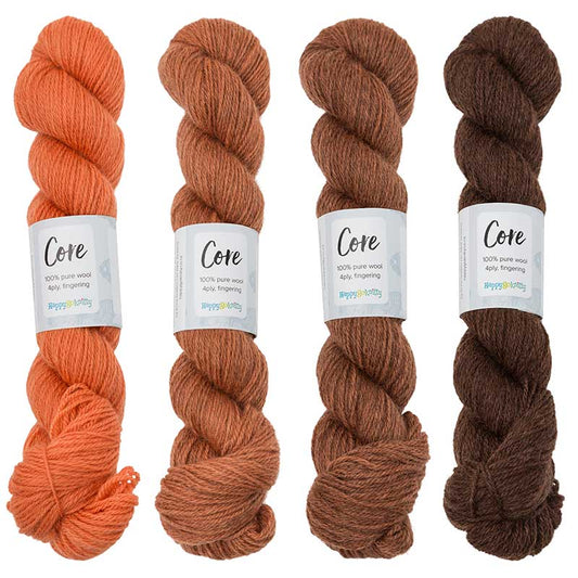 Happy-go-knitty Core, hand dyed 100% naturally coloured pure Corriedale wool, 4ply, 100g. Colourway Pumpkin