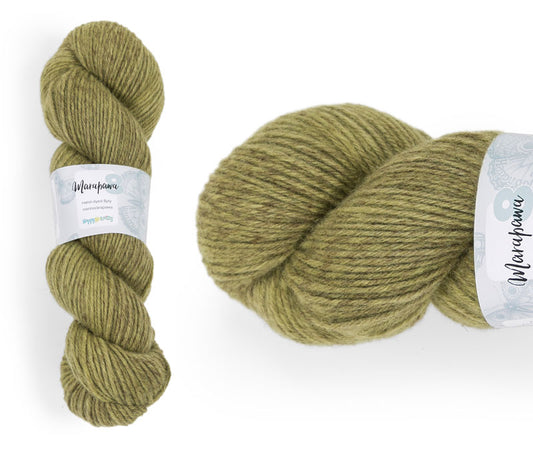 Hand-dyed yarn, 75% merino / 25% arapawa. Colourway: Green Olives. Available in 4ply and 8ply. A wonderful yarn spun here in NZ – merino blended with arapawa, a NZ rare breed. It's a very soft yarn, marled in a variegated style which creates darker and lighter shades through the knitted fabric. Wollenspun. Works very well for cables and beautiful for stranded and fair isle knitting. Suitable for garments, hats, scarves, mittens, and big, cosy shawls. 