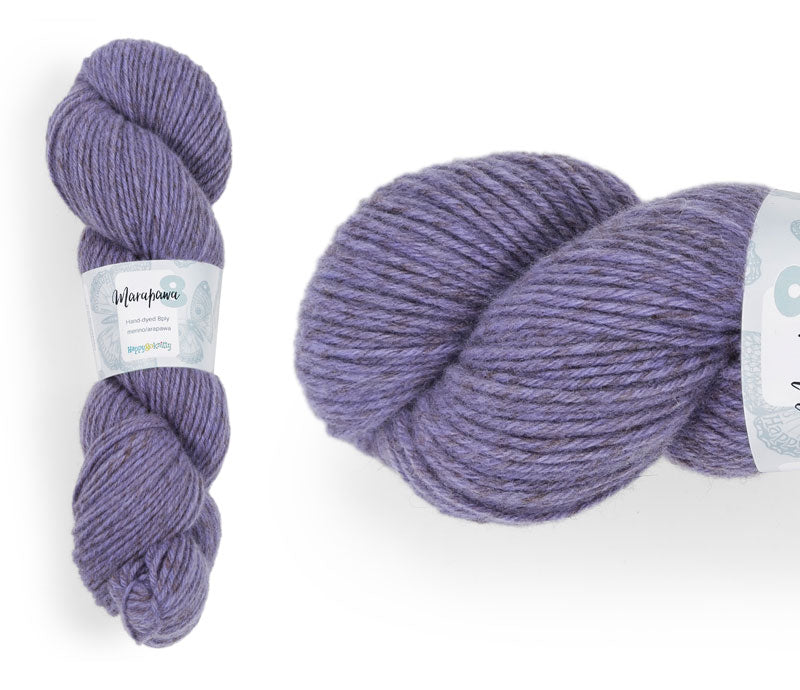 Hand-dyed yarn, 75% merino / 25% arapawa. Colourway: Jacaranda. Available in 4ply and 8ply. A wonderful yarn spun here in NZ – merino blended with arapawa, a NZ rare breed. It's a very soft yarn, marled in a variegated style which creates darker and lighter shades through the knitted fabric. Wollenspun. Works very well for cables and beautiful for stranded and fair isle knitting. Suitable for garments, hats, scarves, mittens, and big, cosy shawls. 